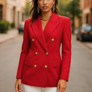 VINTAGE ESCADA Red Wool Blazer 42 10 Gold Buttons Double Breasted 80s Power
